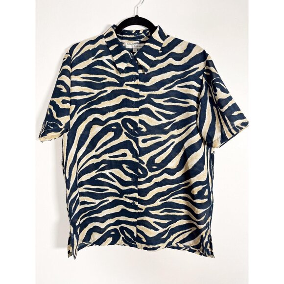 Vintage short sleeved blouse with navy blue zebra abstract motif - Picture 3 of 6